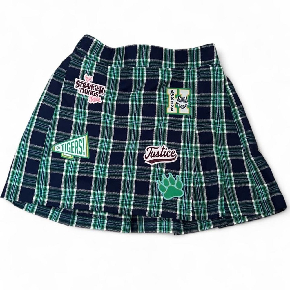 Stranger Things Justice Plaid Skort With Patches Girls 7/8 Green Navy Preppy